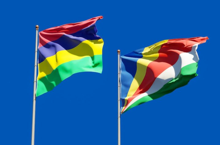 seychelles-and-mauritius-flags-under-the-blue-sky